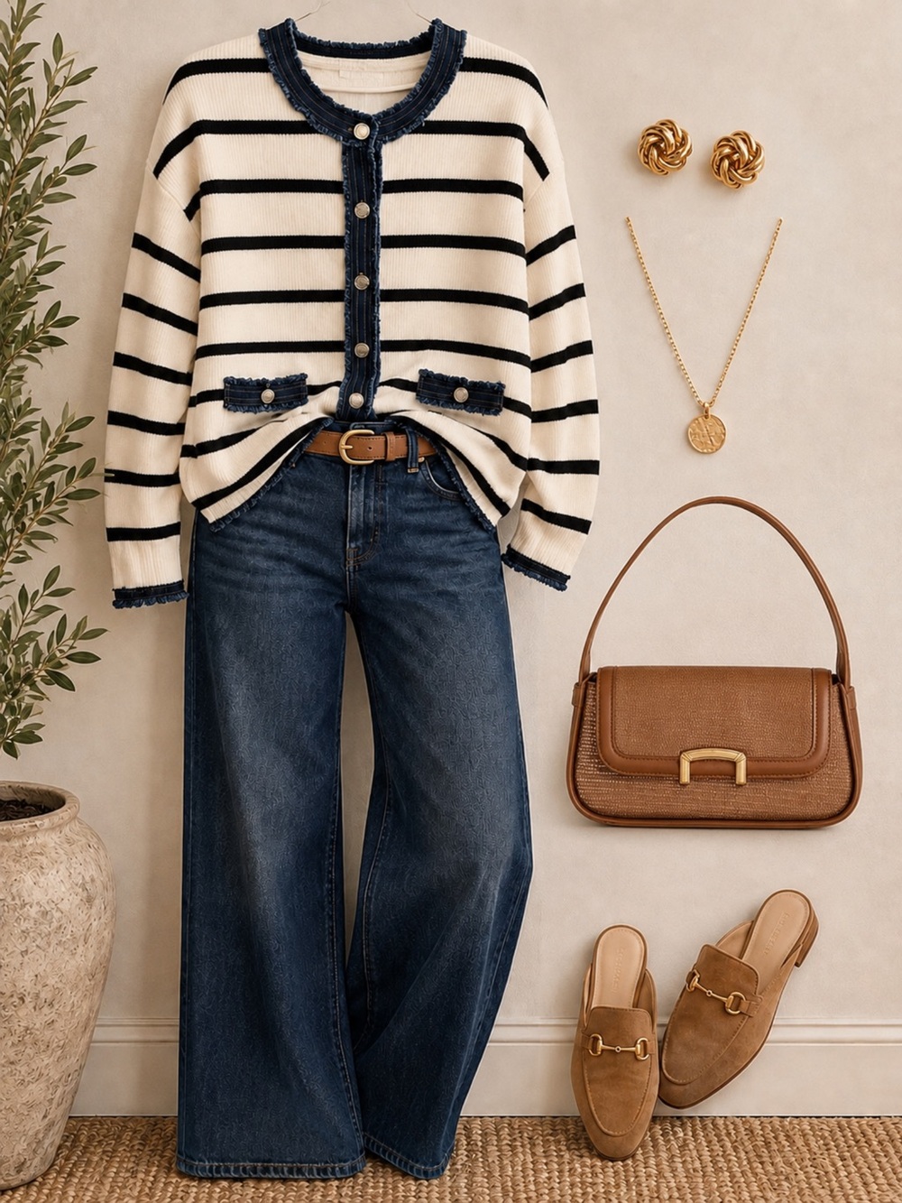 Jason Wu Cream and black Striped Knit Cardigan nwt denim trim
